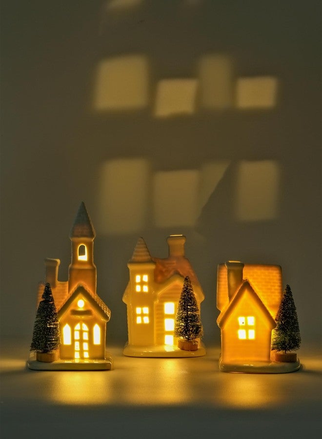 DN DECONATION Light up Christmas Decor Ceramic Village Houses, 3Pcs White Christmas Porcelain Villages with Frosted Trees, Holiday House Figurines Xmas Village Sets for Winter Table Decoration Indoor - Image 1
